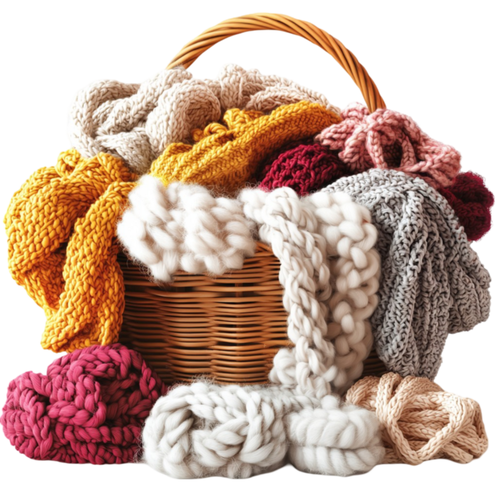 A woven basket filled with colorful knitted scarves and warm cozy fabrics looks inviting png