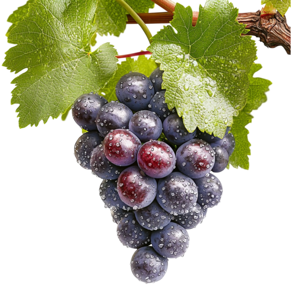 A bunch of ripe purple grapes with green leaves hangs from a vine in natural sunlight png