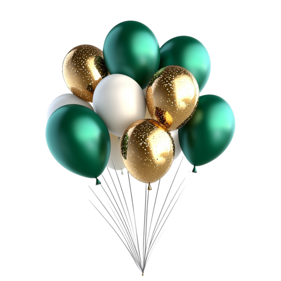 Cluster of green white and gold balloons floats together creating a festive and celebratory atmosphere png