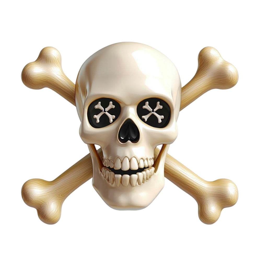 A detailed skull with crossbones has starshaped eyes and a mischievous expression png