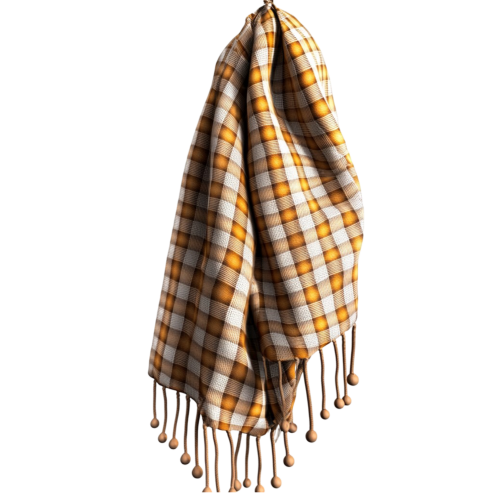 Cozy plaid scarf with warm tones and fabric hangs ly with fringed edges png