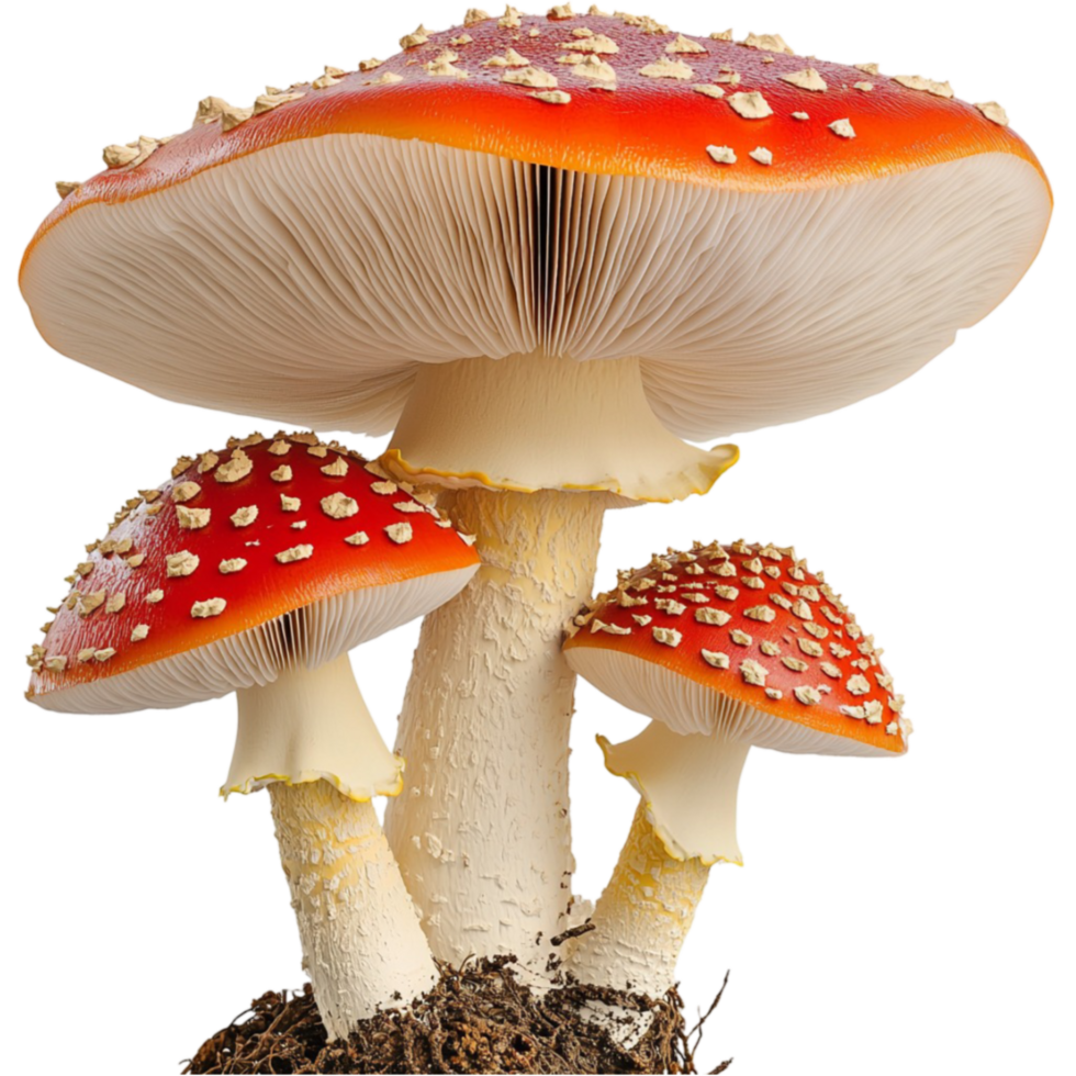 Vibrant red and white mushrooms with textured caps grow together in a magical forest scene png