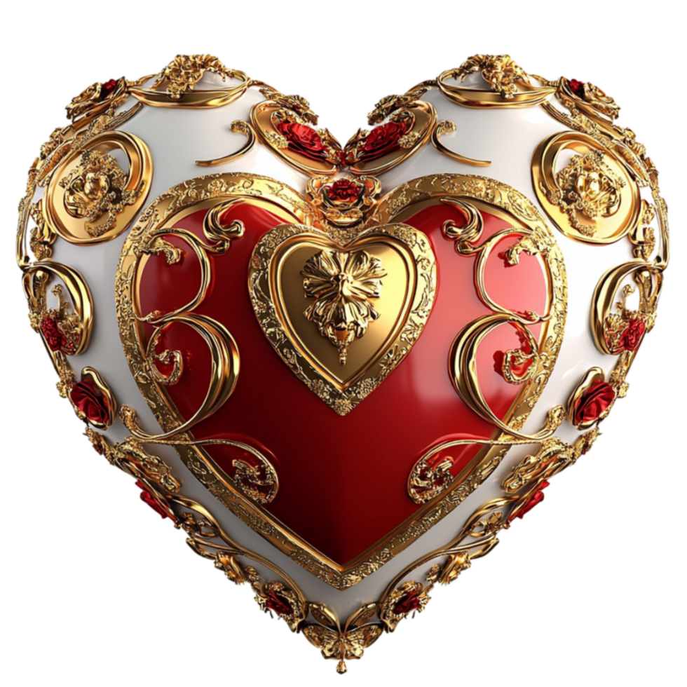 Luxurious heartshaped ornament with golden details and red velvet texture looks regal and png