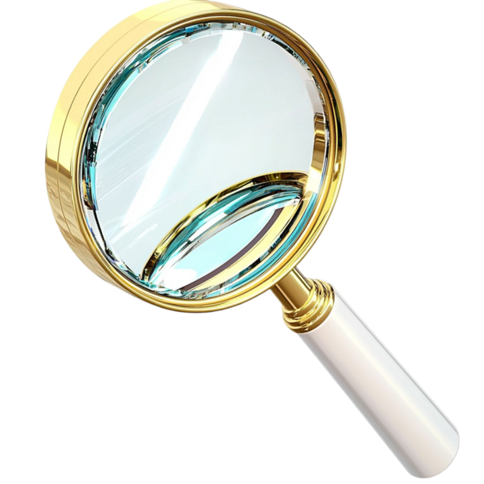 A golden magnifying glass with a clear blue lens shines with an design png