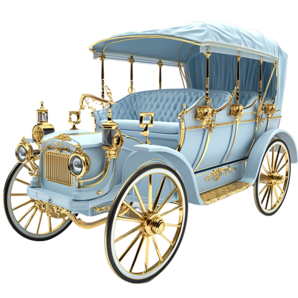A vintage blue carriage with intricate gold details stands ready for a royal journey png