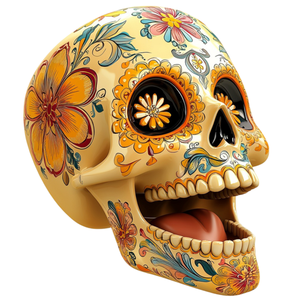 A sugar skull with colorful floral patterns and golden teeth grins ly png