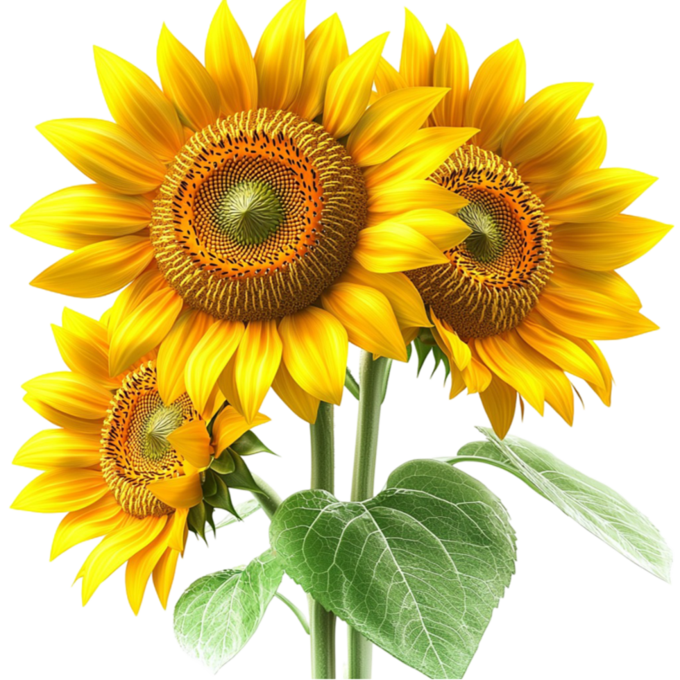 A bouquet of yellow sunflowers with green leaves beams with warmth png