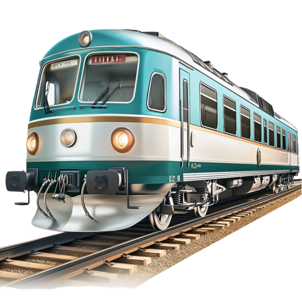A teal and silver passenger train moves swiftly on its tracks with sleek design png