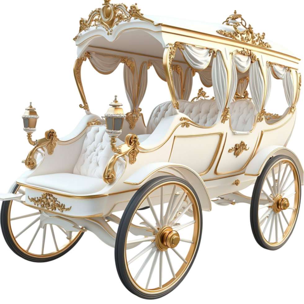 A royal white and gold carriage with intricate details stands as a symbol of grandeur png