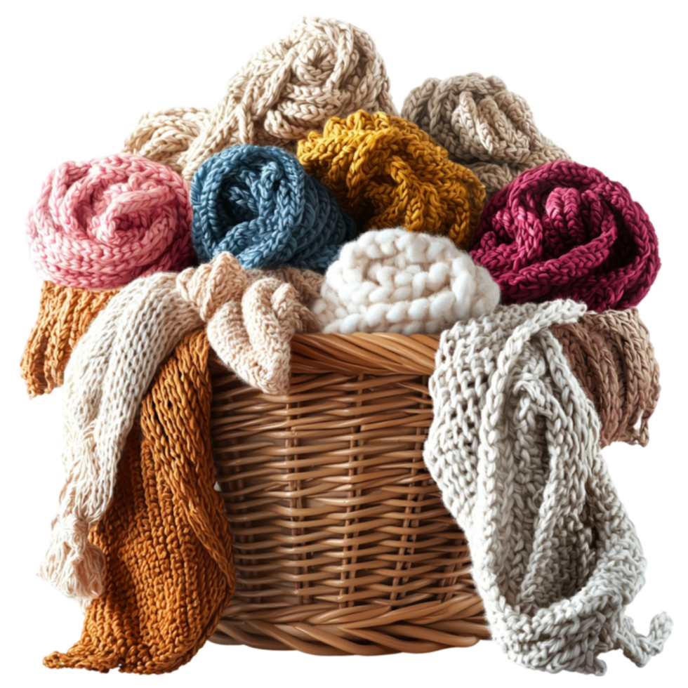 A woven basket overflows with warm knitted scarves in and cozy colors png