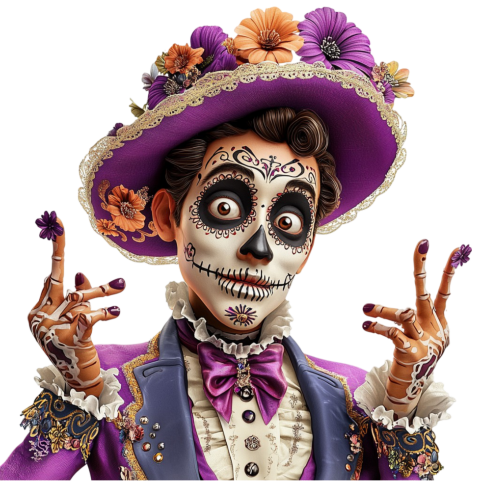 A festive skeleton dressed in colorful Day of the Dead attire strikes a joyful pose png