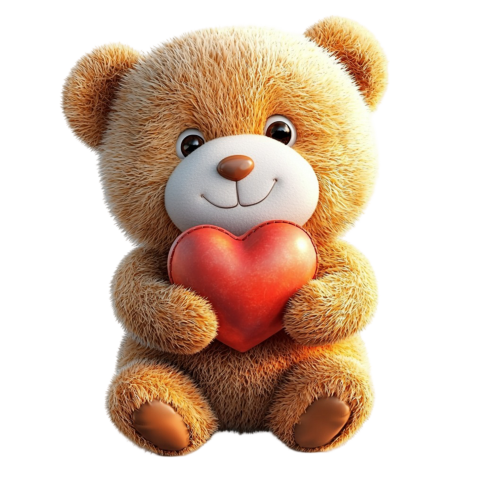 A cuddly teddy bear holds a red heart with a warm and loving expression on its face png