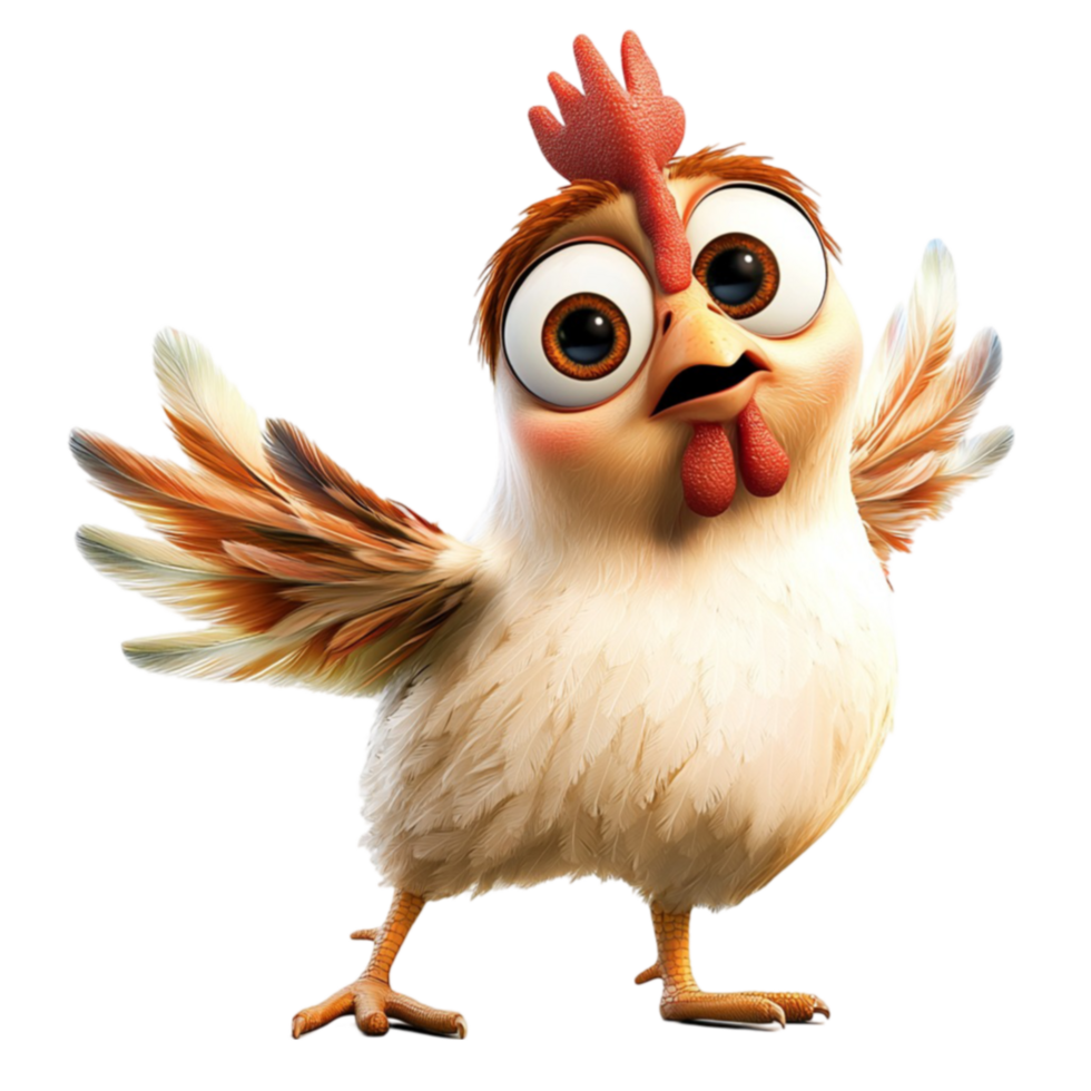 A surprised chicken with ruffled feathers looks comically shocked with wide expressive eyes png