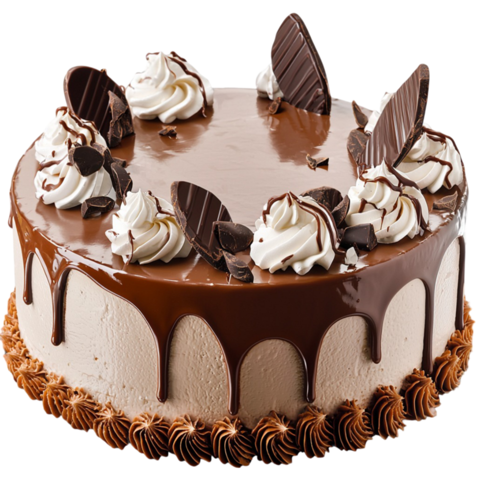 A chocolate cake with creamy frosting and chocolate curls looks and png