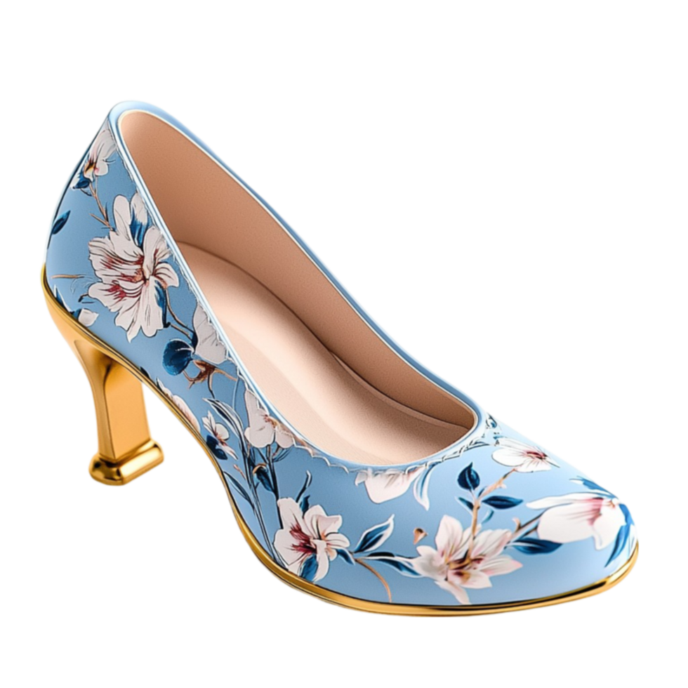 blue high heel shoe with delicate floral patterns png