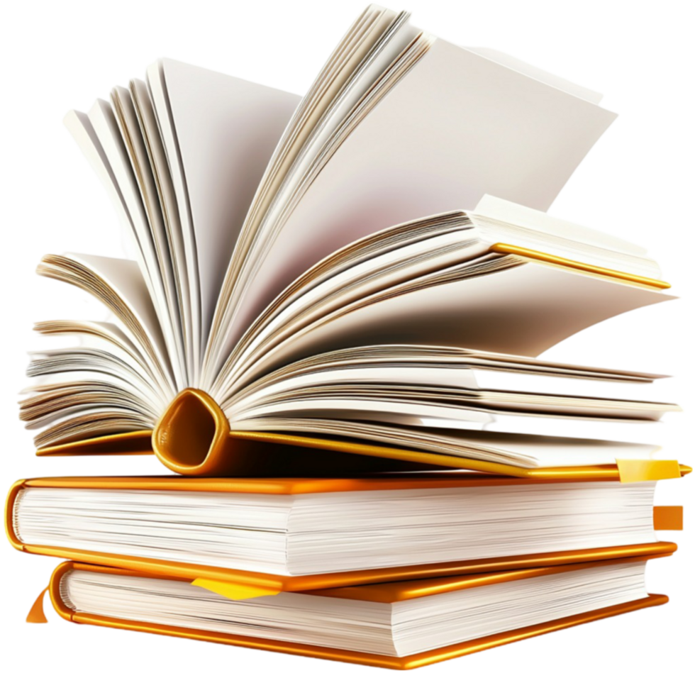 A stack of open books with goldenedged pages appears to be floating with dynamic movement png