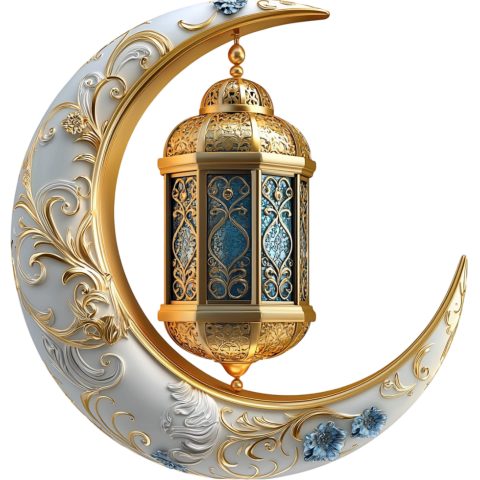 A golden lantern with intricate patterns hangs inside a beautifully designed crescent moon png