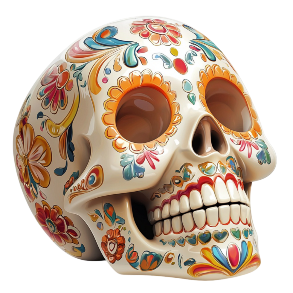Ornate sugar skull decorated with vibrant floral patterns shines ly png