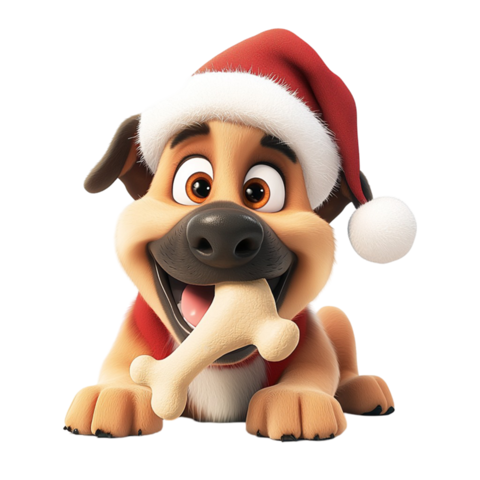 Happy puppy wearing a Santa hat holds a bone with excitement png