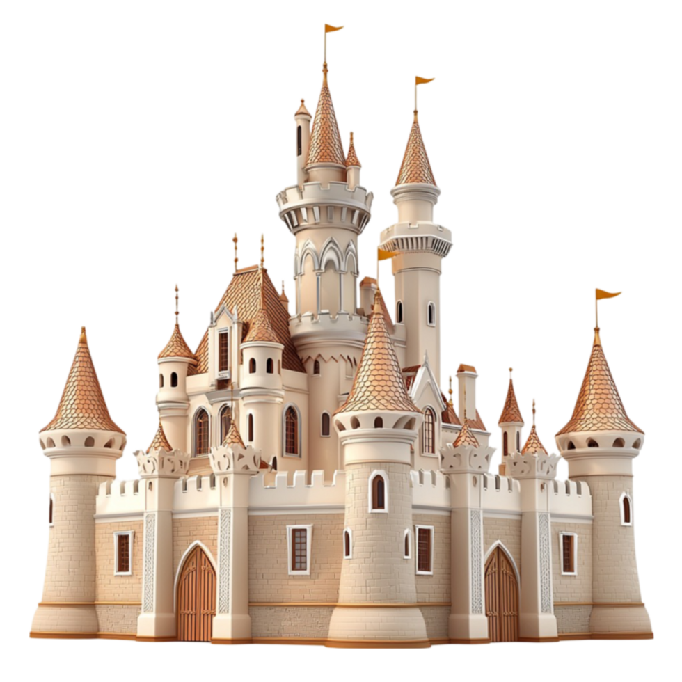Majestic fairytale castle with towering spires stands beautifully tall png