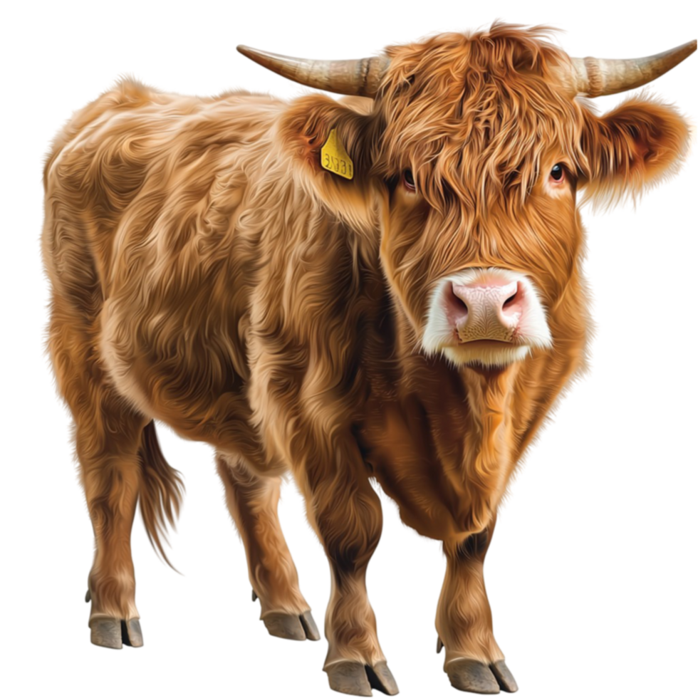 Majestic Highland cow with thick fur gazes forward with strength png