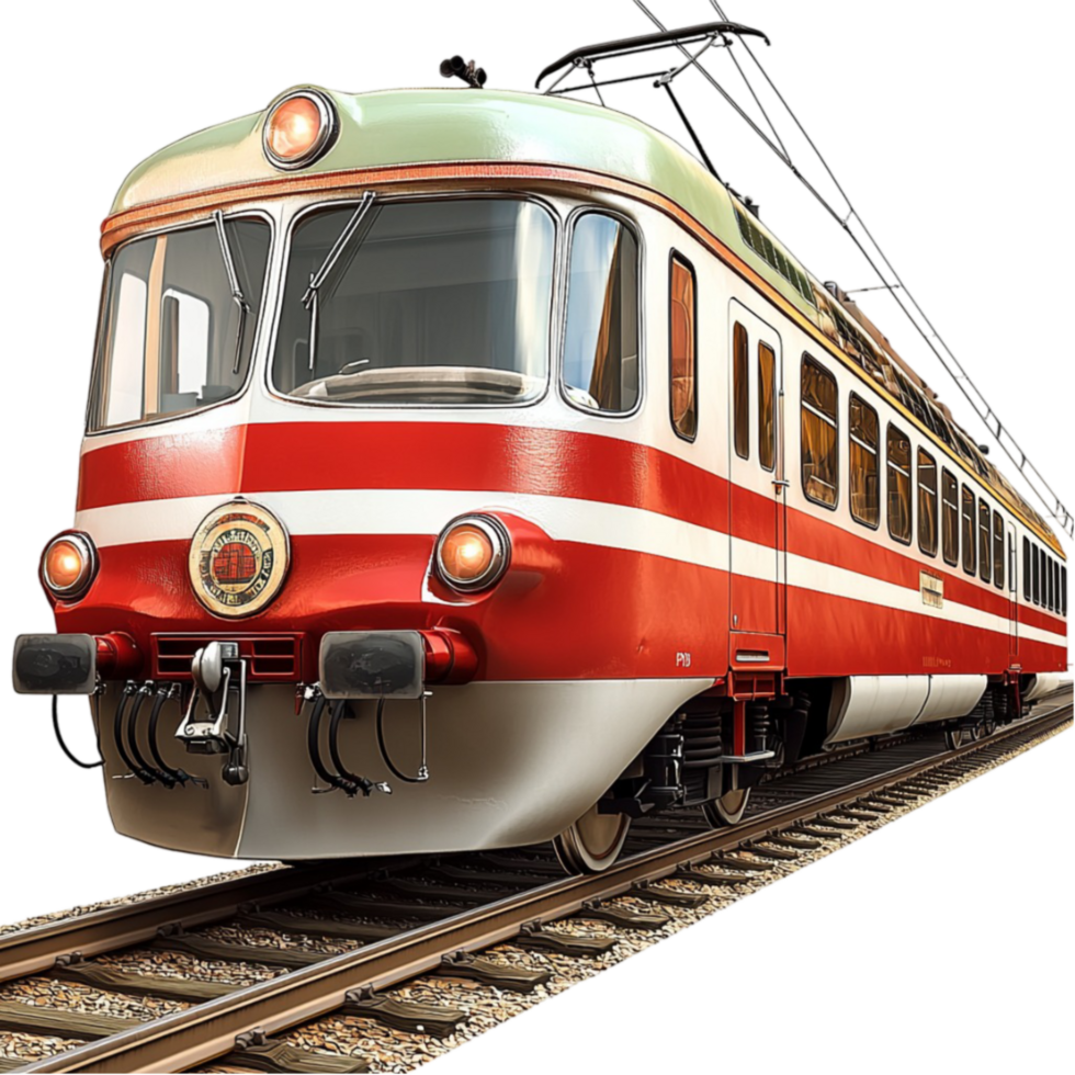 red and white electric train moves forward on the railway with power png