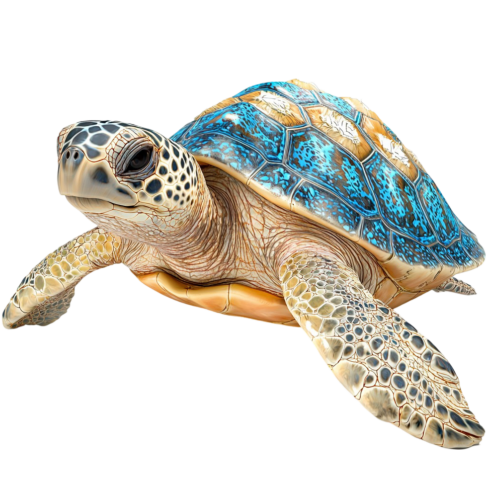 Graceful sea turtle with a patterned blue and gold shell glides through the water png