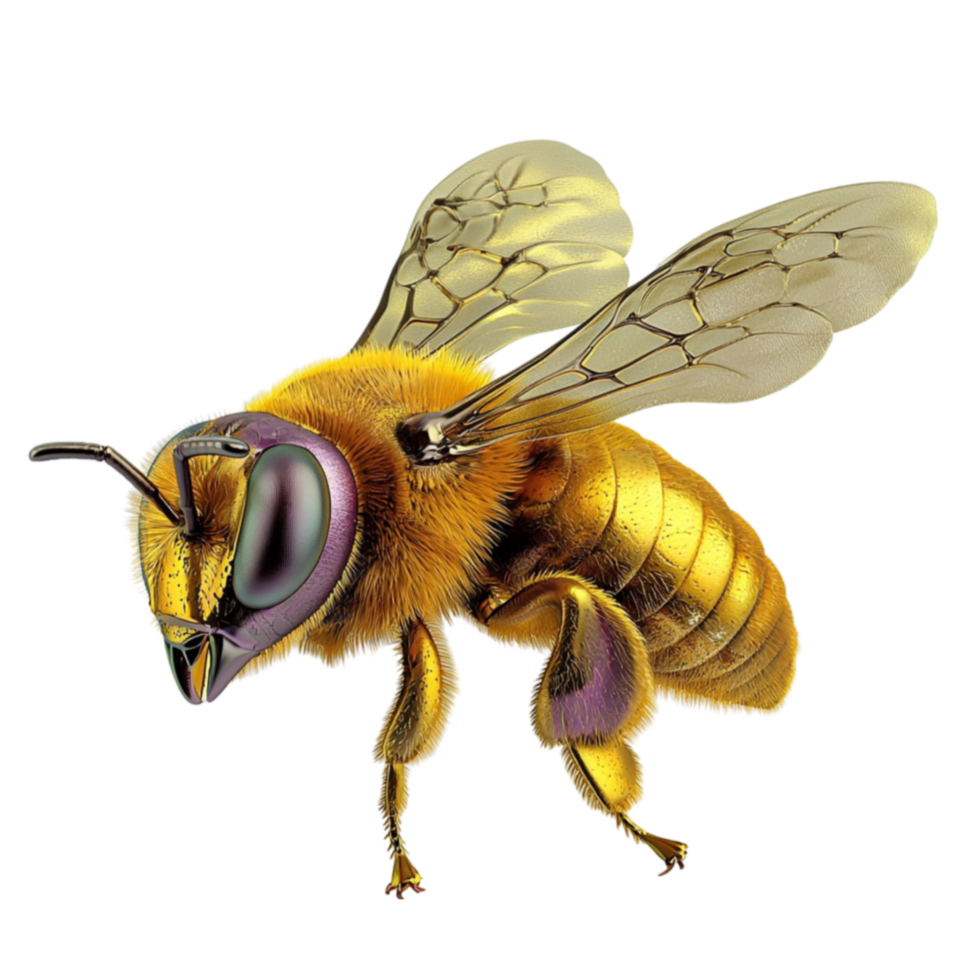 Realistic honeybee with golden wings and a fuzzy body hovers in midair png