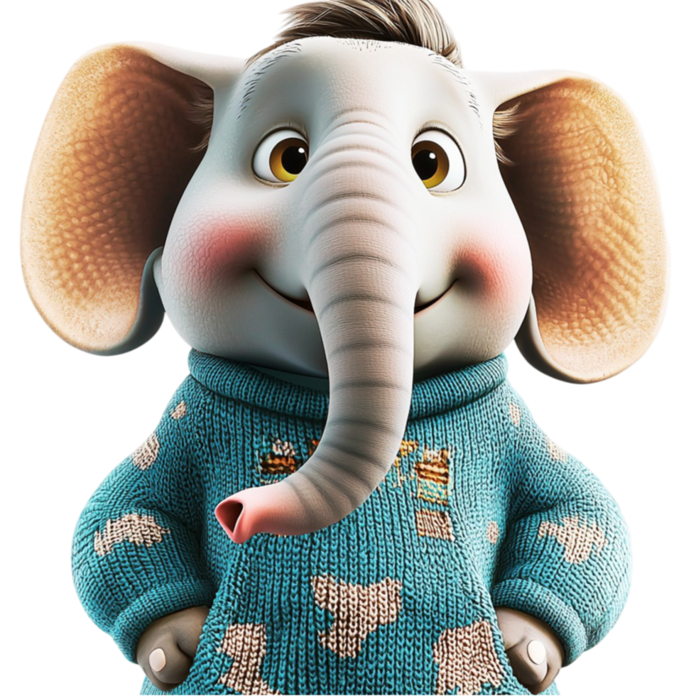 Cute baby elephant wearing a blue sweater with heart patterns smiles warmly png