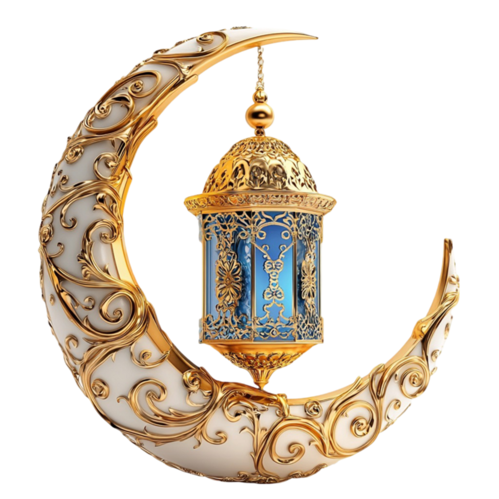 Beautiful golden crescent moon with intricate patterns holds a glowing blue lantern in the center png
