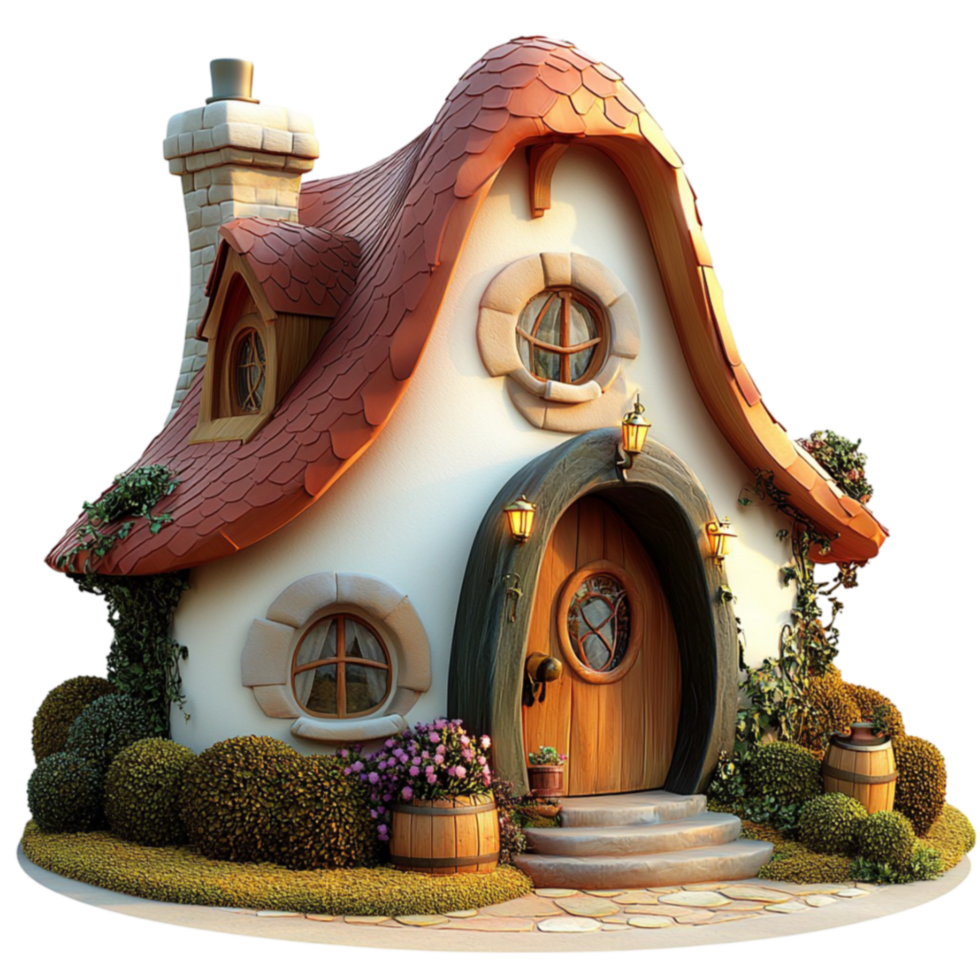 Cozy fairytale cottage with a round door and a chimney looks inviting png