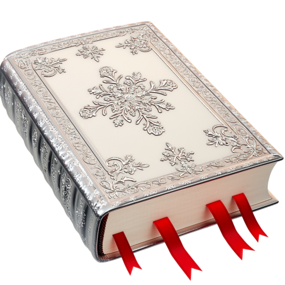 white hardcover book with silver floral embossing and red bookmarks looks antique png