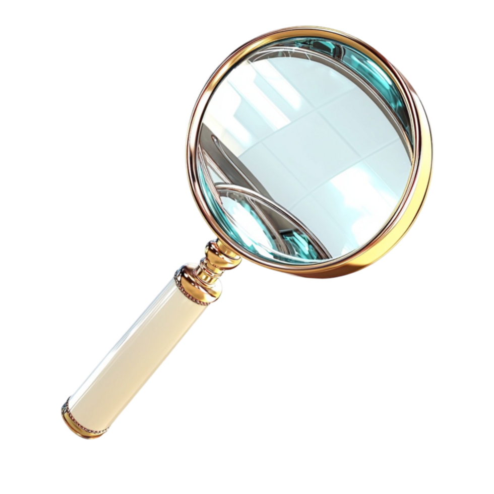 Magnifying glass with a golden handle reflects light beautifully png