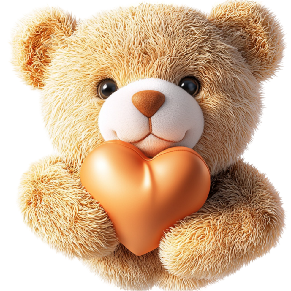 Fluffy teddy bear with a sweet smile holds a shiny golden heart with love png