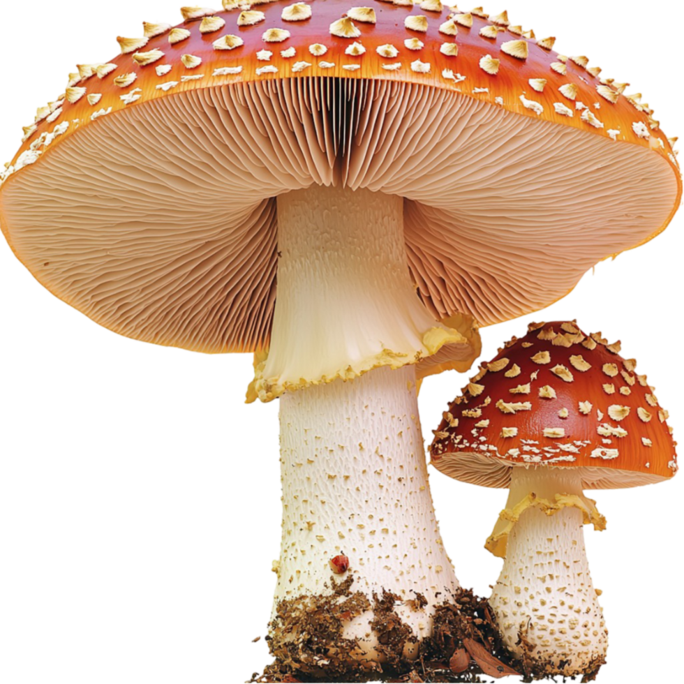 Large red and white mushrooms stand tall in a magical forest scene png