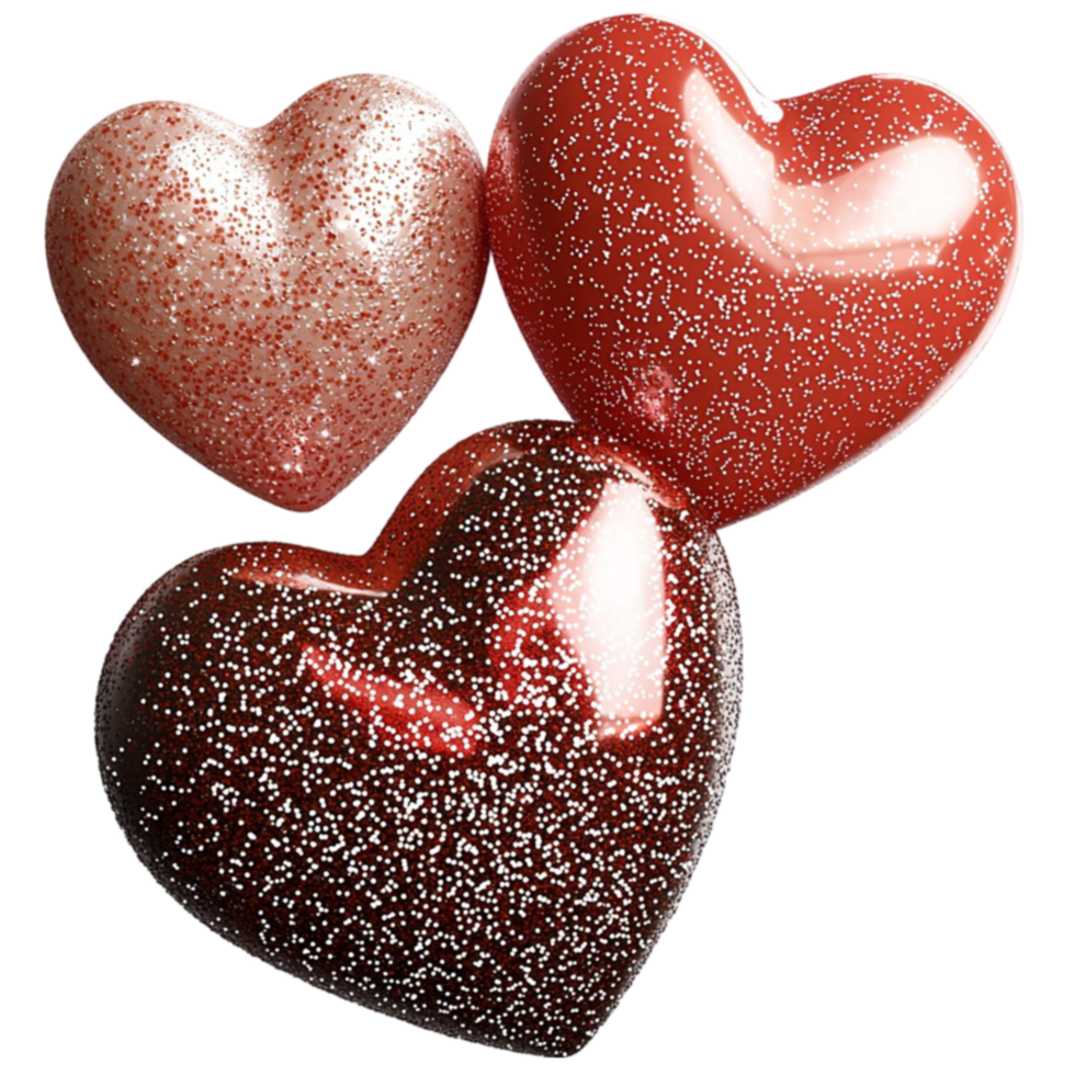 Three sparkling heartshaped decorations shine with red and silver glitter png