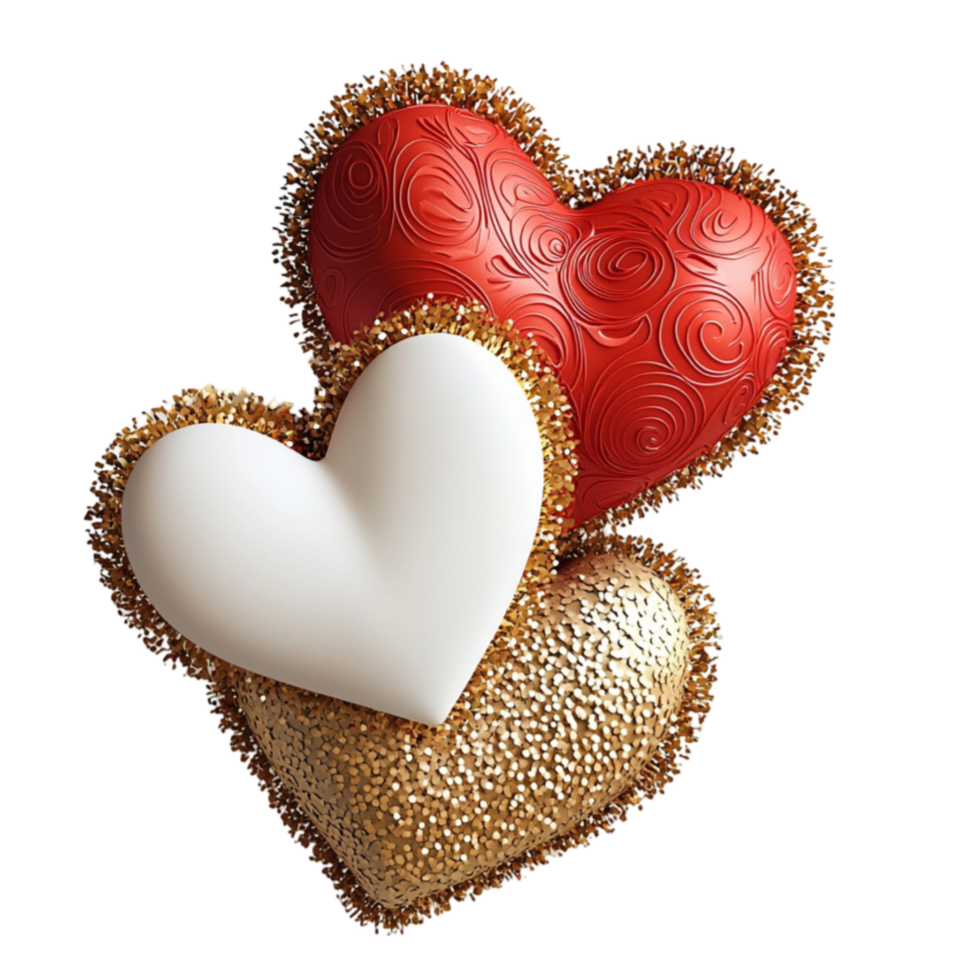 Three hearts with intricate textures shine with a romantic touch png