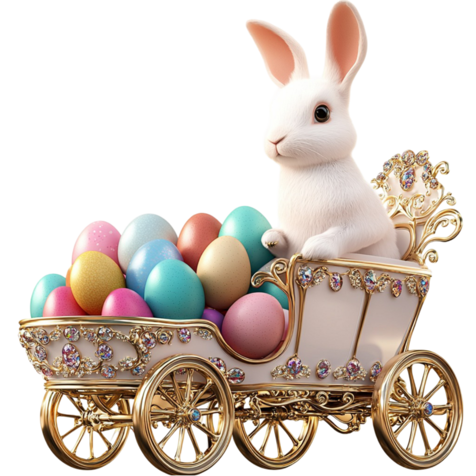 White rabbit sits in an golden carriage filled with colorful Easter eggs png