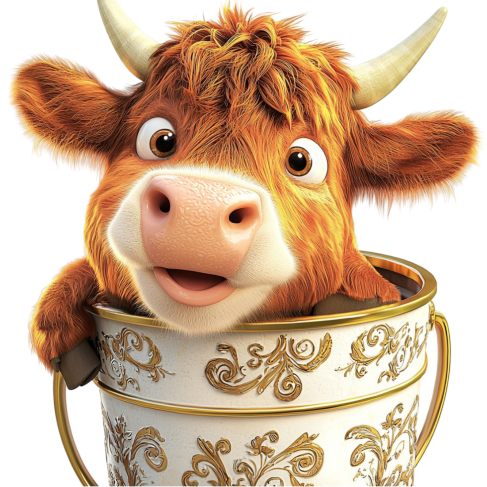 Happy fluffy highland cow peeks out from a teacup with a joyful expression png
