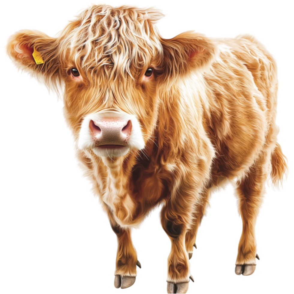 Fluffy highland cow with brown fur gazes with a calm and gentle look png