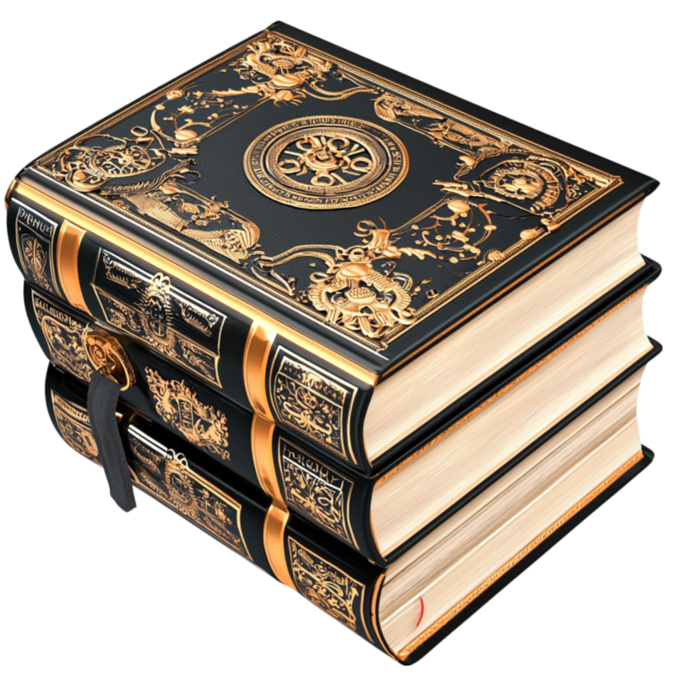 Stack of antique books with intricate golden engravings looks and vintage png