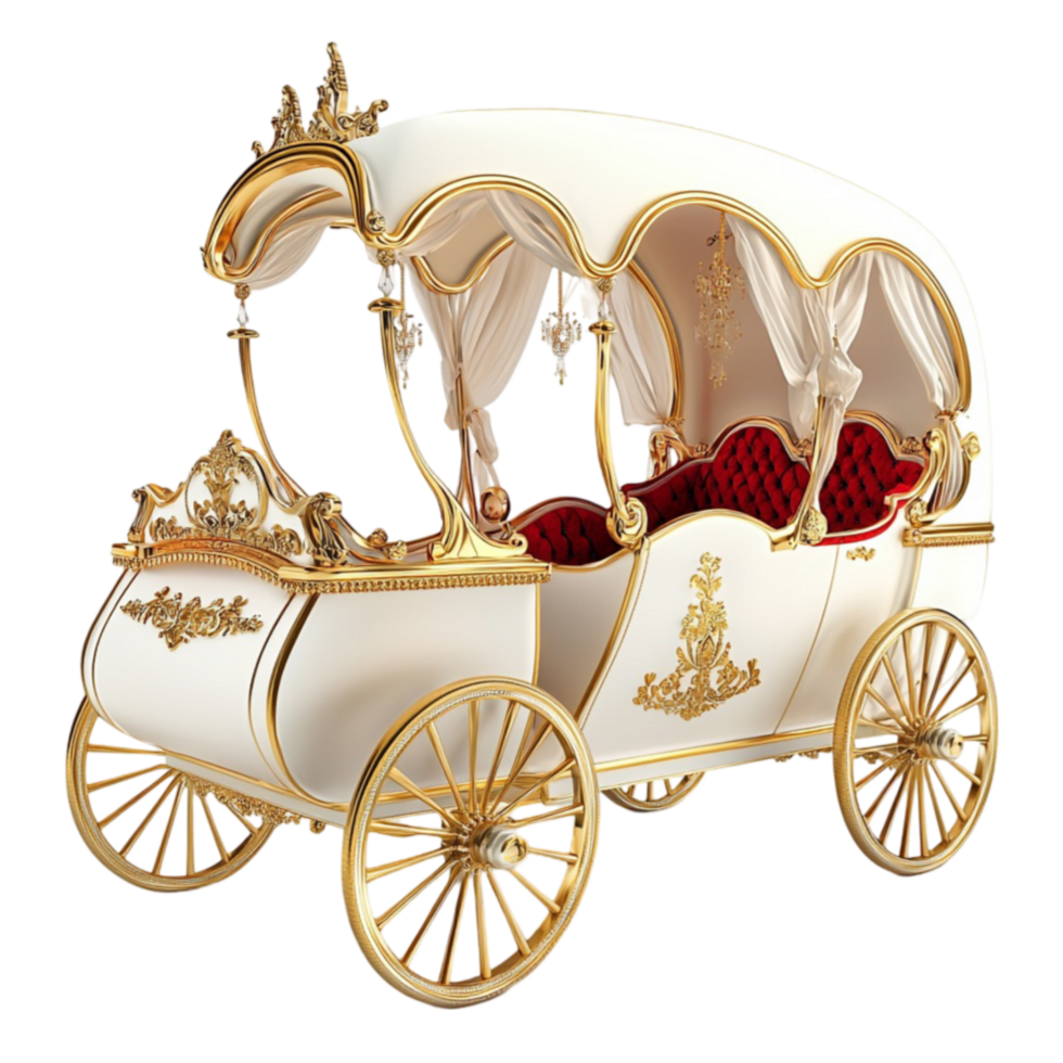 Luxurious white and gold carriage with a regal design evokes a magical fairy tale png