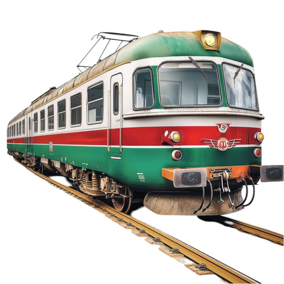 green and red train with vintage design moves along the railway tracks png