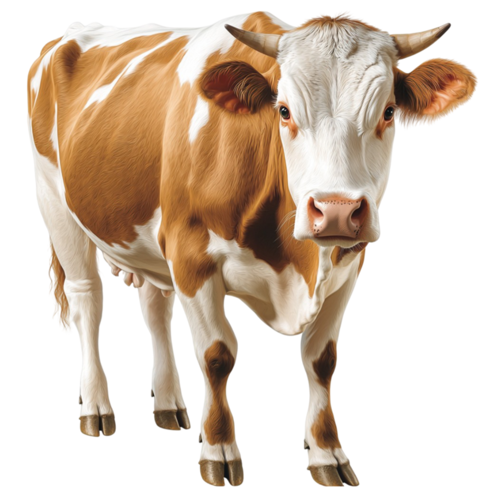 Brown and white cow with large expressive eyes and a gentle stance stands peacefully in a field png