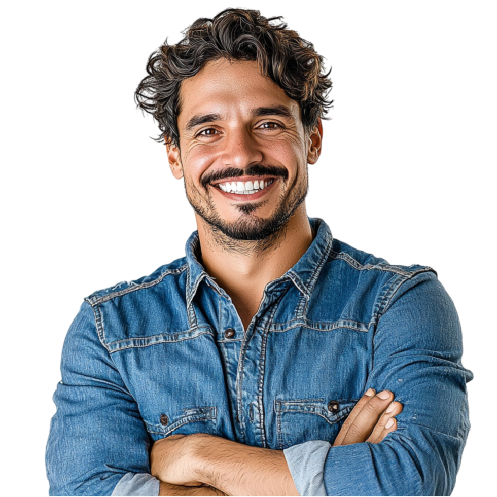 Smiling man with curly hair and a denim shirt poses confidently png