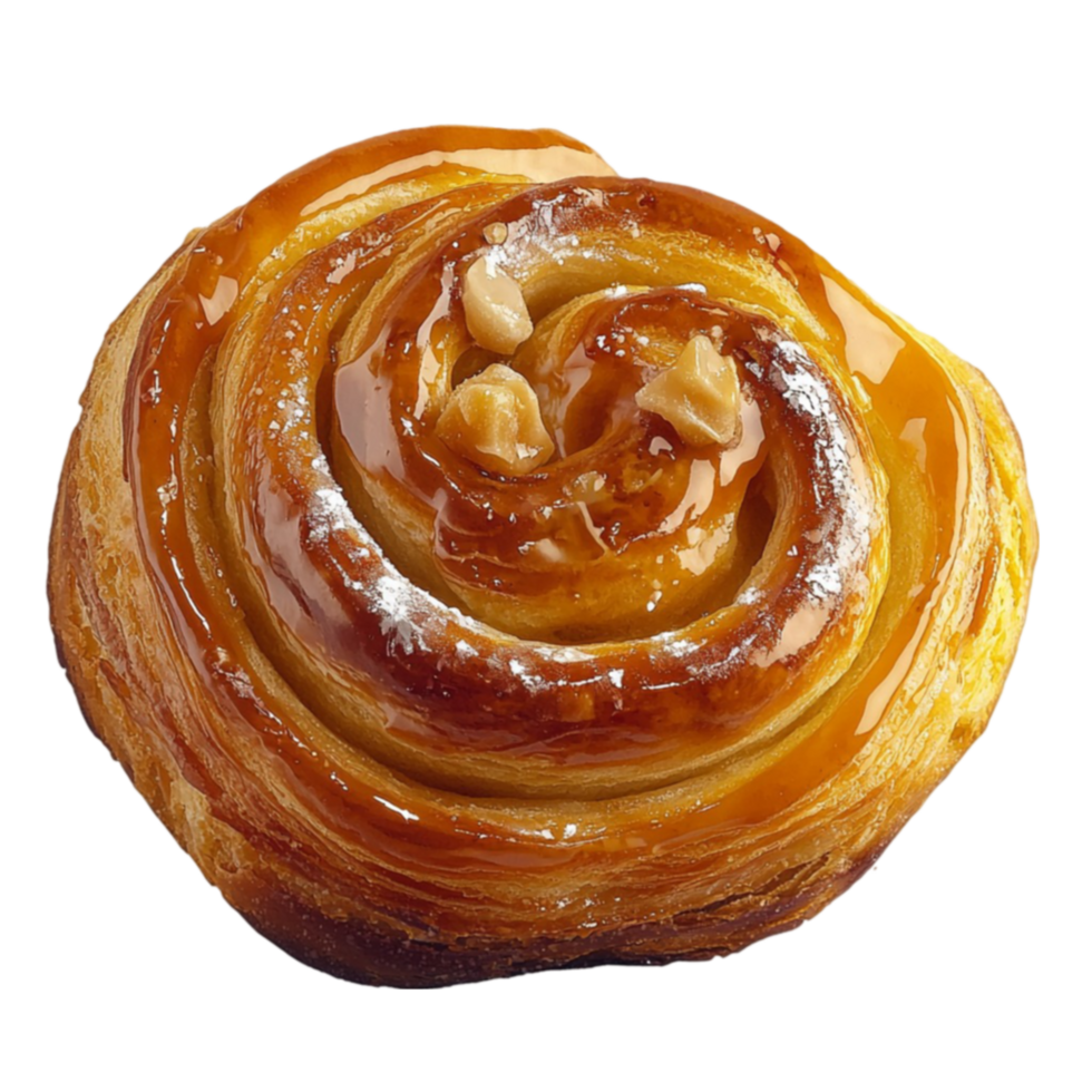 Caramel glazed cinnamon roll with a golden brown crust and a spiral shape looks mouthwatering png