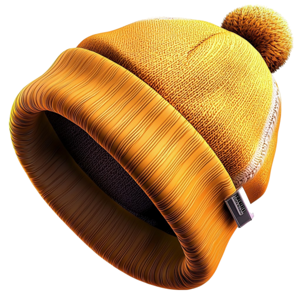 Warm knitted yellow beanie with a texture and a fluffy pompom is perfect for cold weather png