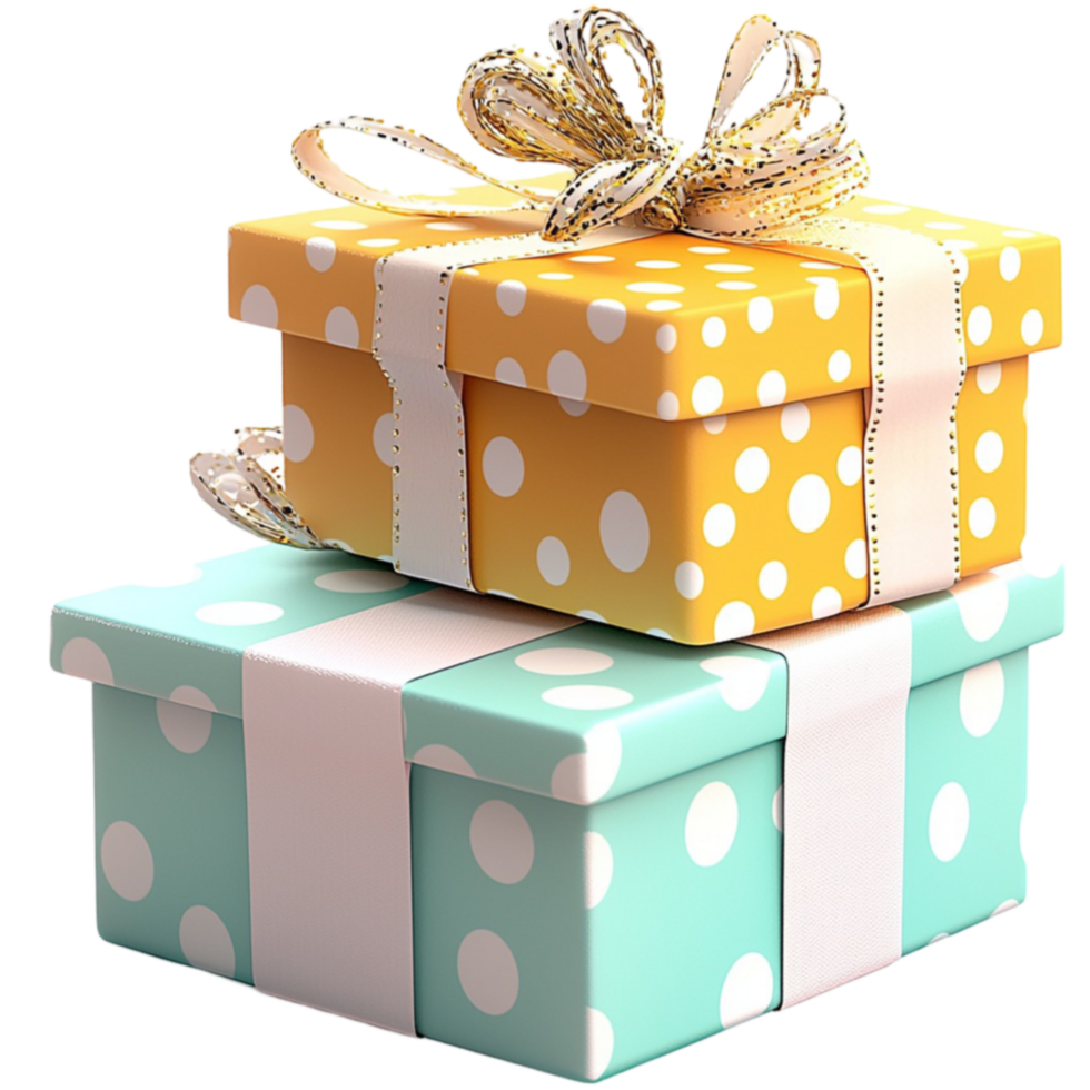 Stack of beautifully wrapped gift boxes with golden ribbons looks festive png