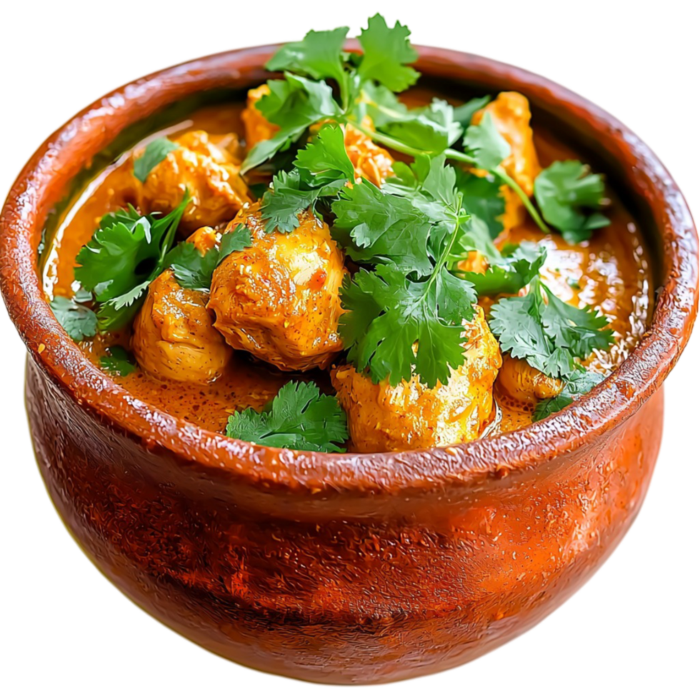 Bowl of chicken curry garnished with cilantro is served in a traditional earthen pot png