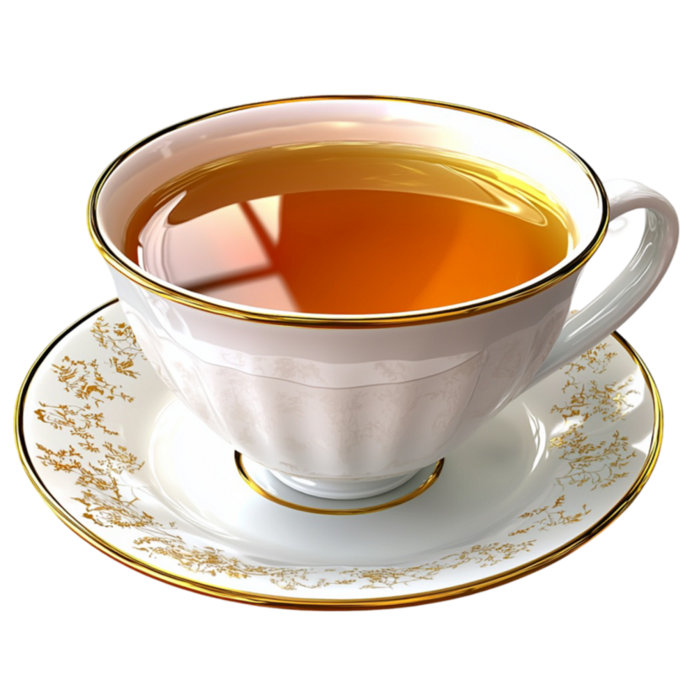 Cup of tea with an intricate gold rim and a matching saucer is filled with warm amber png